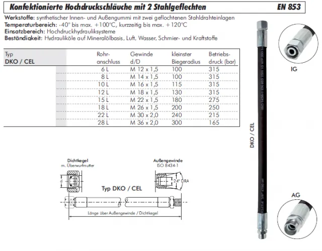 Datenblatt Konfektionierter Hochdruckschlauch mit 2 Stahlgeflechten beidseitig Innengewinde